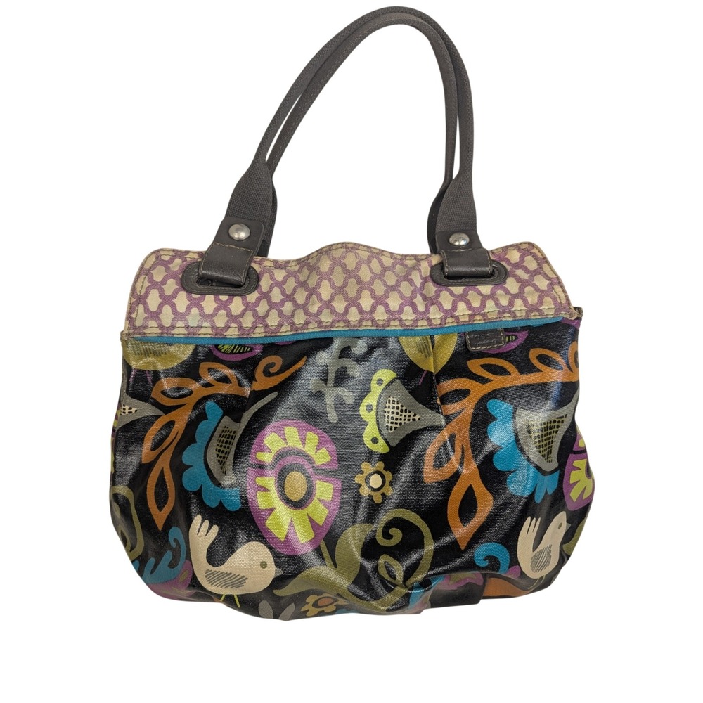 Y2K Fossil Key-Per Coated Canvas Floral Bird Print Tote Bag Black Shoulder Bag